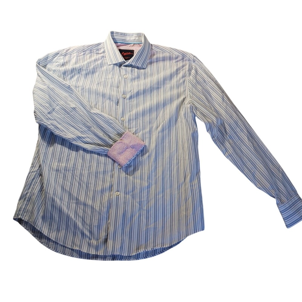 Egara Modern Fit Non-Iron Striped Stretch Dress Shirt Flip Cuff Men's L‎